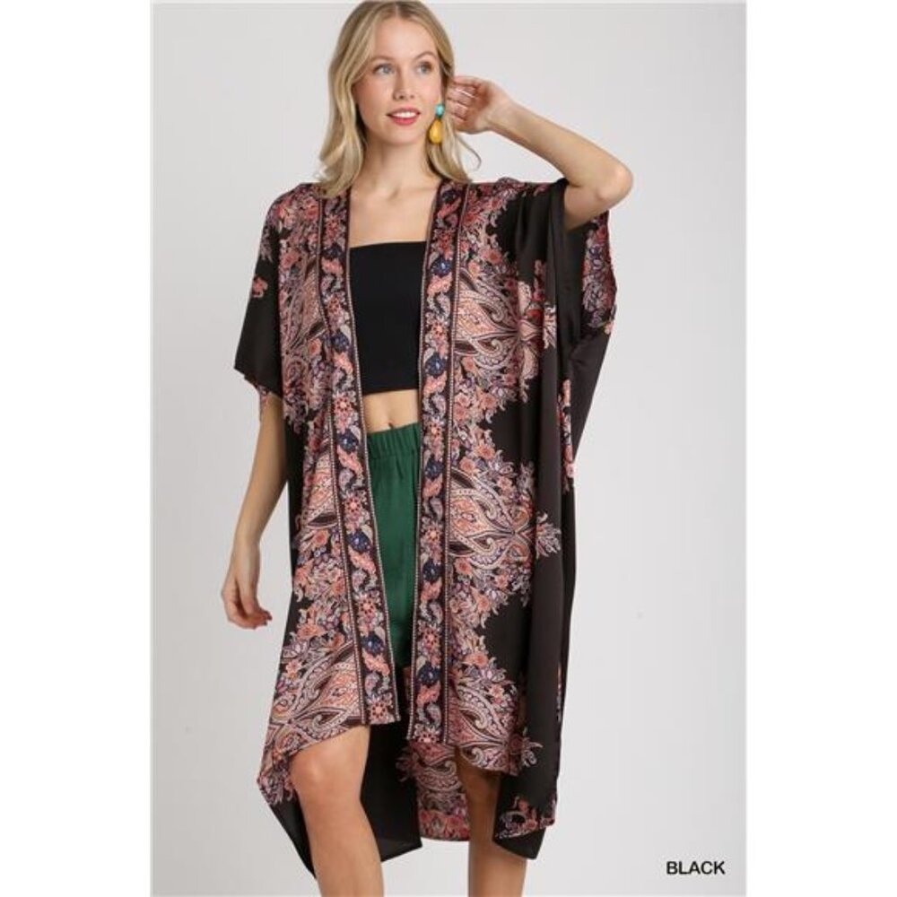 Umgee Satin Border Print Short Sleeve Open Front Kimono